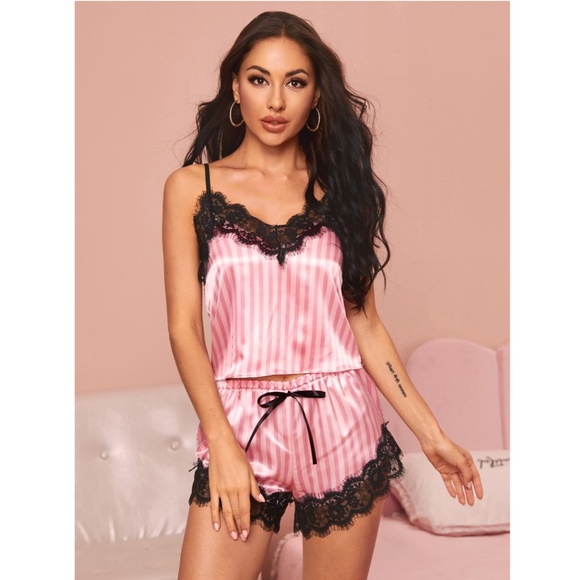 Pink Striped Print Cami + Shorts 2 Piece PJ Set  li i - Picture 7 of 10